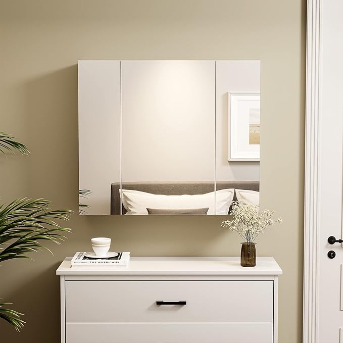 DICTAC Medicine Cabinet with Mirror & Storage - 27.6x23.6in Wall Mounted Cabinet with 3 Doors & Adjustable Shelves for Bathroom, Living Room, Kitchen - White