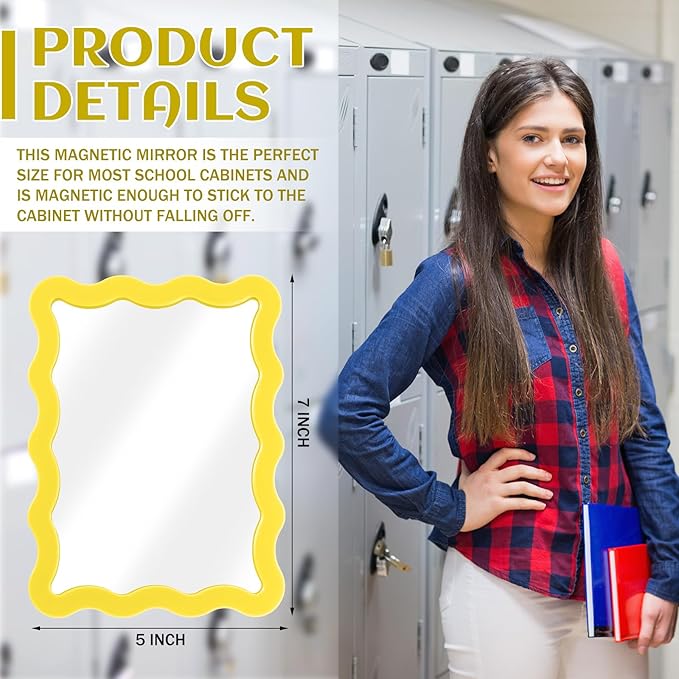 Leinuosen 1 Pcs Scalloped Magnetic Locker Mirror Small Real Glass Makeup Mirror with Magnetic Backing Cute Locker Decorations for Office Cabinet Lockers Accessories (5 x 7 Inch,Yellow)