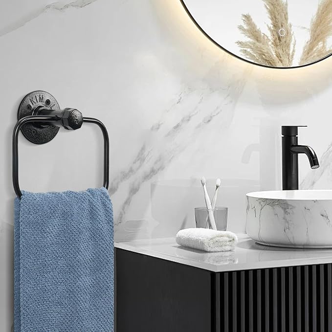 5-Pieces Industrial Pipe Bathroom Accessories Hardware Kit DIY Wall Mounted Includes Towel Bar Robe Hooks Toilet Paper Holder and Towel Ring (Black, 18 Inch)