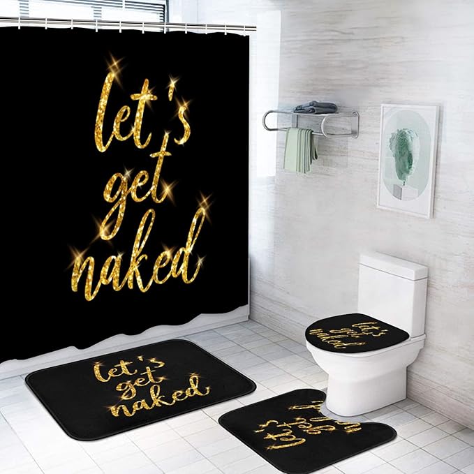 ArtSocket 4PC Gold Let's Get Naked Shower Curtain Sets Yellow and Black Bathroom Decor with Rugs, Non-Slip Rug,Toilet Lid Cover, Bath Mat and 12 Hooks 72x72 inches