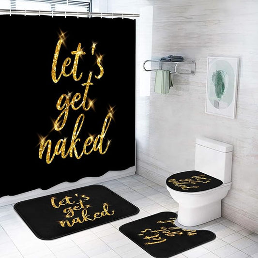 ArtSocket 4PC Gold Let's Get Naked Shower Curtain Sets Yellow and Black Bathroom Decor with Rugs, Non-Slip Rug,Toilet Lid Cover, Bath Mat and 12 Hooks 72x72 inches