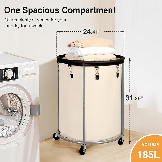 STO STO Rolling Laundry Hamper with Wheels – 185L (48 Gallon) Extra Large Industrial Clothes Laundry Basket with Removable Bag, Round Cart Sorter for Bedroom, Hotel, Beige & Brown