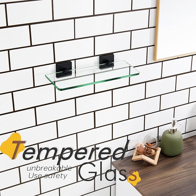 KOKOSIRI Glass Shelf Floating Bathroom Shelves 12-Inch Tempered Glass Rack for Shower Storage Wall Mount, 2 Pack Black Stainless Steel B1107BK-L12-P2