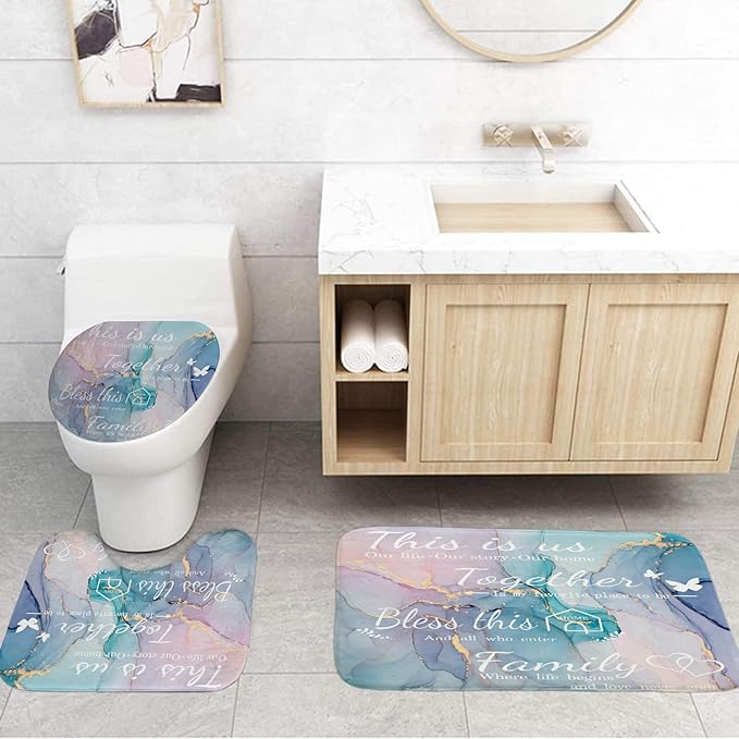 juwute 4Pcs Family Marble Shower Curtain Sets with Rugs,Pink Blue Home Inspirational Bathroom Decor Set, Bathroom Sets with Shower Curtain and Rugs, Waterproof Bathroom Shower Curtains, with 12 Hooks