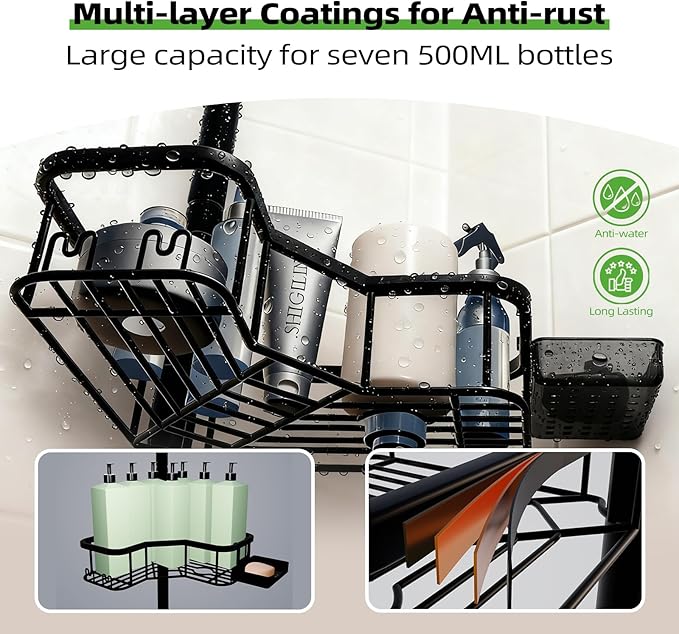 Corner Shower Caddy Tension Pole, 4 Tier Rust-Resistant Adjustable Bathroom Organizer Shelves, Bathtub Storage Rack with Soap Holder, No-Drill Install, Floor to Ceiling Rod 47-121 Inch, Black