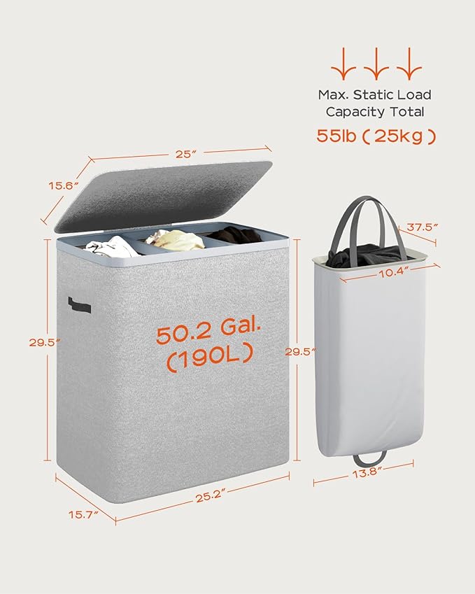 CASAMAYA Laundry Basket with Lid, Laundry Hamper 3 Section, 190L collapsible Laundry Organizer, Easy Assembly, with Handles and Removable Liners, 25.2 x 15.7 x 29.5 Inches, Gray JSP904G