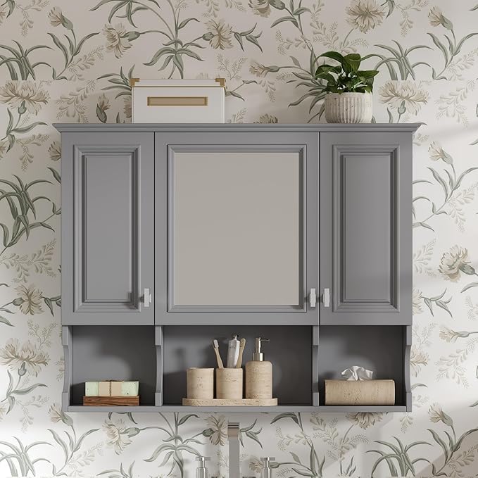 Merax Bathroom Wall Cabinet with Mirror, Wall Mounted Medicine Cabinet with Adjustable Shelves and Open Spaces, 35" x 28" Mirrored Door Over The Toilet Bathroom Storage Cabinet