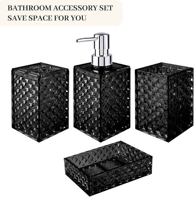 Bathroom Accessory Set, Grid Pattern 4 Pcs Plastic Bathroom Set Include Soap Dispenser, Soap Dish, Toothbrush Holder, Mousewash Cup, Modern Bahtroom D??cor Set, Space Save for Bathroom(Black)