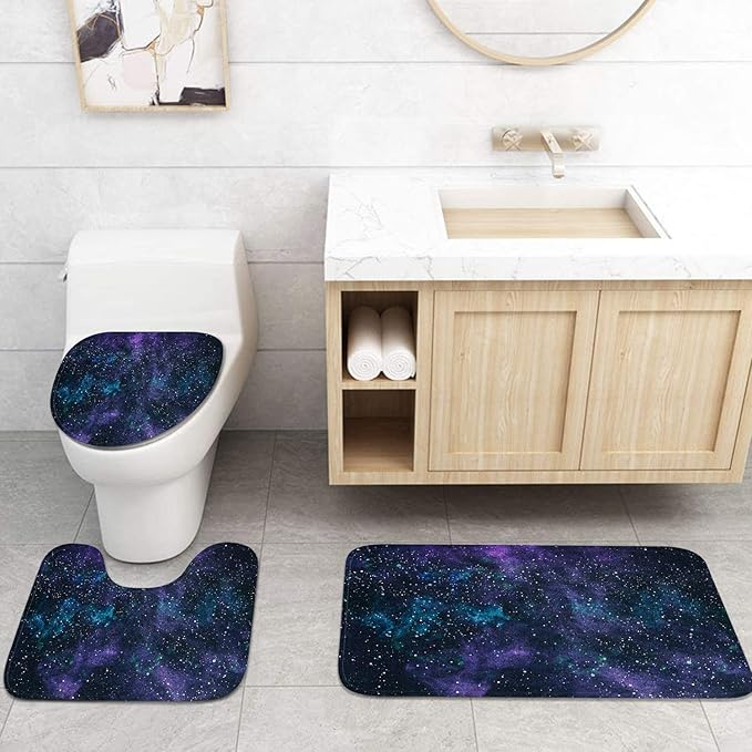 Britimes 4 Piece Shower Curtain Sets, with 12 Hooks, Space Galaxy Star with Non-Slip Rugs, Toilet Lid Cover and Bath Mat for Bathroom Decor Set, 72" x 72"