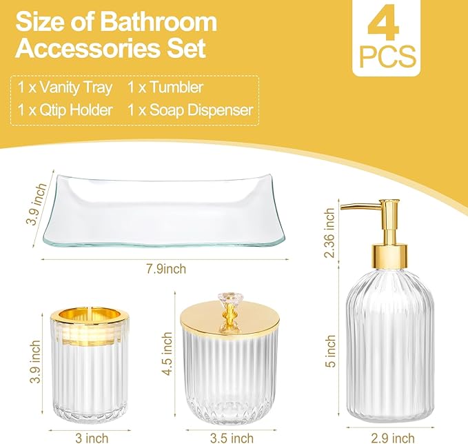 Gold Bathroom Accessories 4Pcs of Glass Bathroom Counter Organizer Set,Toothbrush Holders, Soap Dispenser, Apothecary Jar, Vanity Tray, Bathroom Decor Gifts