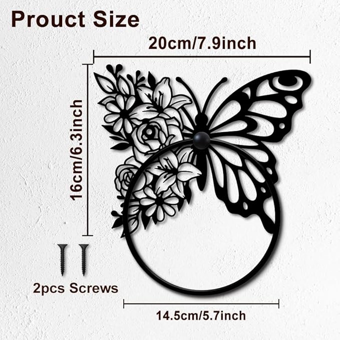 MAYJOYDIY Butterfly Metal Towel Ring Round Flower Hand Towel Holder Ring Hanger Wall Mount Black Vintage Towels Wall Organizer for Kitchen Bath Home Laundry Room Decors Gifts