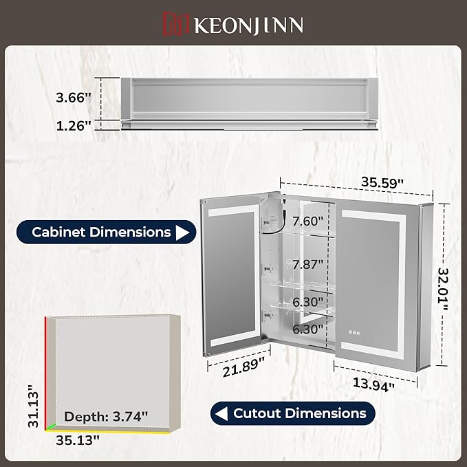 Keonjinn 36 x 32 Medicine Cabinet with Lights, LED Medicine Cabinet with Defogger and Outlets 3 Colors Dimmable with UL Listed LED Driver, Tempered Glass Surface/Recessed Mount Mirror with Storage