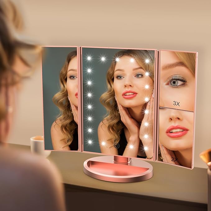 CZW Trifold Makeup Vanity Mirror with 36 Dimmable Lights, Dual Power LED Lighted Portable Cosmetic 2X/3X Magnification Mirrors