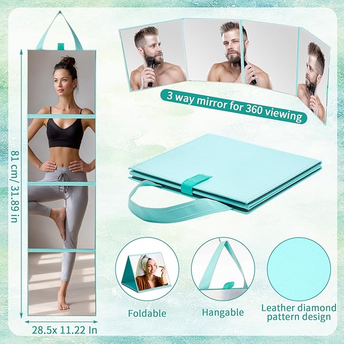 3 Way Foldable Full Length Mirror with Handle 31.89 x 11.22 Inches Leather Portable Camping Travel Hanging Folding Body Mirror for Makeup Dance Fitness Spa Hair Styling(Mint Green,Classic)