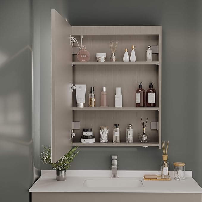 32x24 inch LED Lighted Medicine Cabinet with Mirror, Moisture-Resistant Wood, Stepless Dimmable, 3000K/5500K, Defogger, Adjustable Shelf, Flat-Pack Design – Assembly Required (Grey)