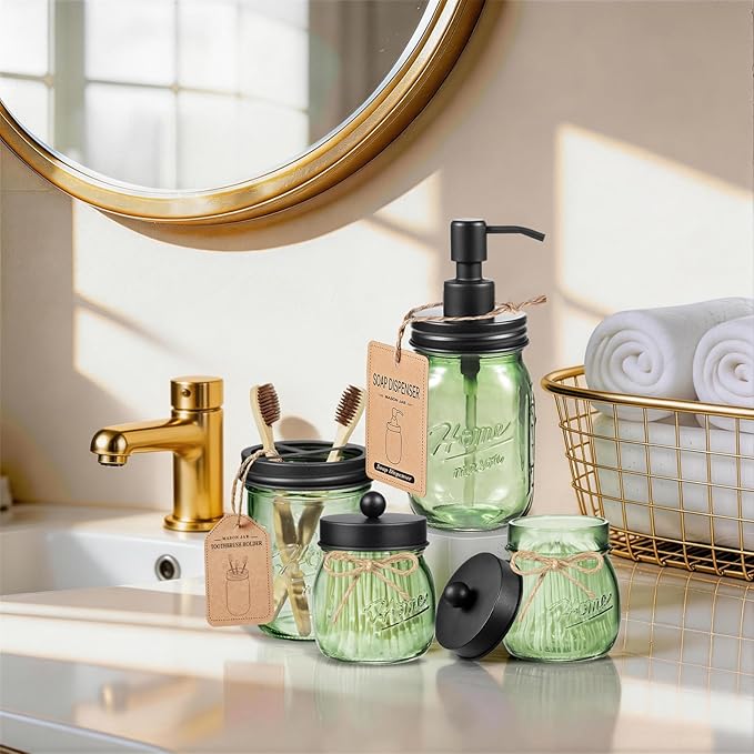 Amolliar 4PCS Bathroom Accessories Set (Lotion Soap Dispenser, Toothbrush Holder, 2 Qtip Holders), Rustic Farmhouse Decor, Green Glass Organizer for Countertop & Vanity, Bathroom Essentials, Black