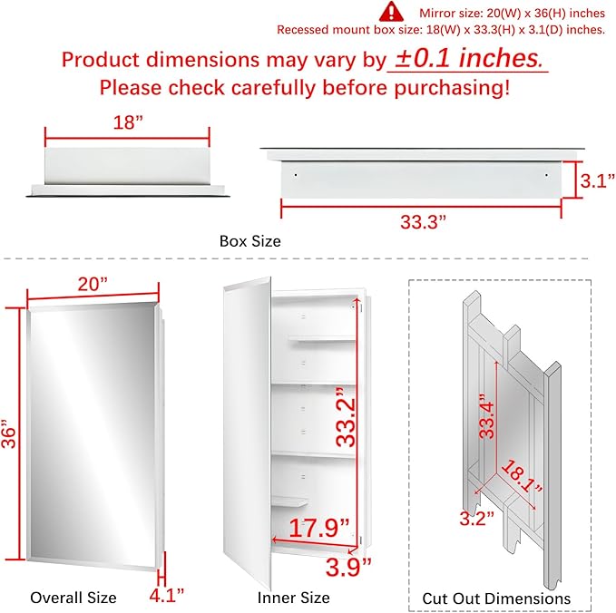 Fundin White Medicine Cabinet Recessed or Surface Mount, Bathroom Medicine Cabinet with 20 x 36 Mirror Size and Adjustable Staggered Shelves