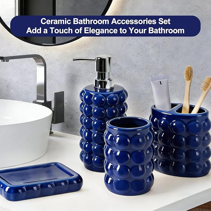 4 Piece Ceramic Bathroom Accessories Set –Soap Dispenser,Toothbrush Holder,Tumbler & Soap Dish,Includes Silicone Funnel,Non-Slip,Modern Farmhouse Countertop Organizer Set for Bathroom Decor, Navy Blue