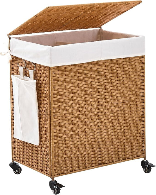 Handwoven Hamper with Lid, Laundry Basket with Wheels, Machine Washable Liner, 2 Section Clothes Hamper for Bathroom Laundry Room Bedroom, Rattan, 125L
