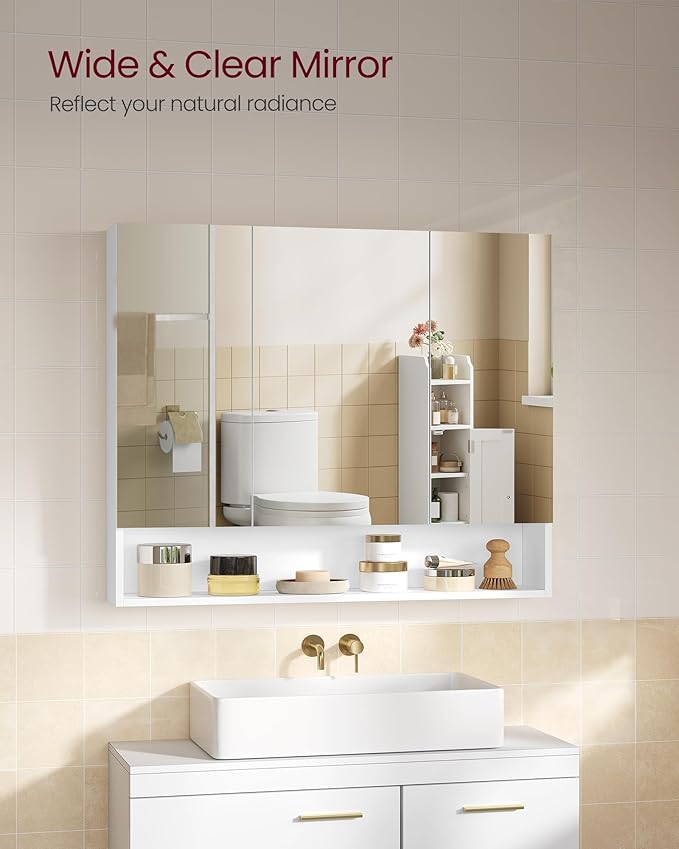 VASAGLE KAILYN Collection - Medicine Cabinet Mirror, Bathroom Wall Mirror Cabinet with Storage, Open Compartment, Adjustable Shelves, 6.5 x 35.4 x 29.5 Inches, Cloud White UBBK130W01
