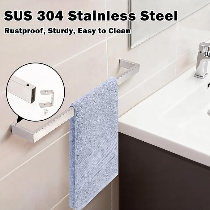Livabber Square Bath Towel Bar, 304 Stainless Steel Towel Rack, Heavy Duty Towel Holder Wall Mounted for Bathroom Accessories, Kitchen, Brushed Nickel (16 Inch)