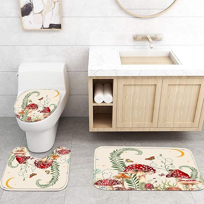 4PCS Mushroom Butterfly Flower Bathroom Shower Curtain Set with Rugs, Toilet Lid Cover and Bath Mat, Moon Stars Shower Curtain with 12 Hooks, Durable Retro Bathroom Decor Set