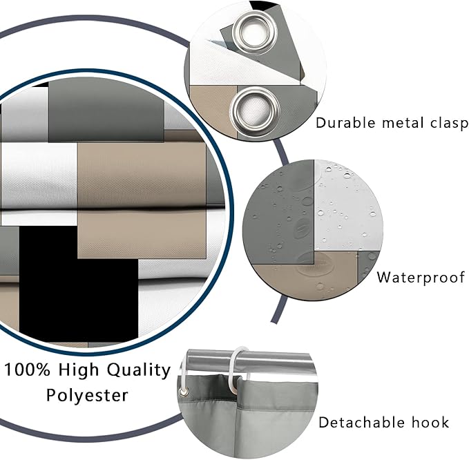 Grey Bathroom Set with Shower Curtain and Rugs, 4 Piece Geometric Set, Incl Shower Curtain with 12 Hooks, Bath Mat, U-Shaped Floor Mat, Toilet Lid Oval Rug