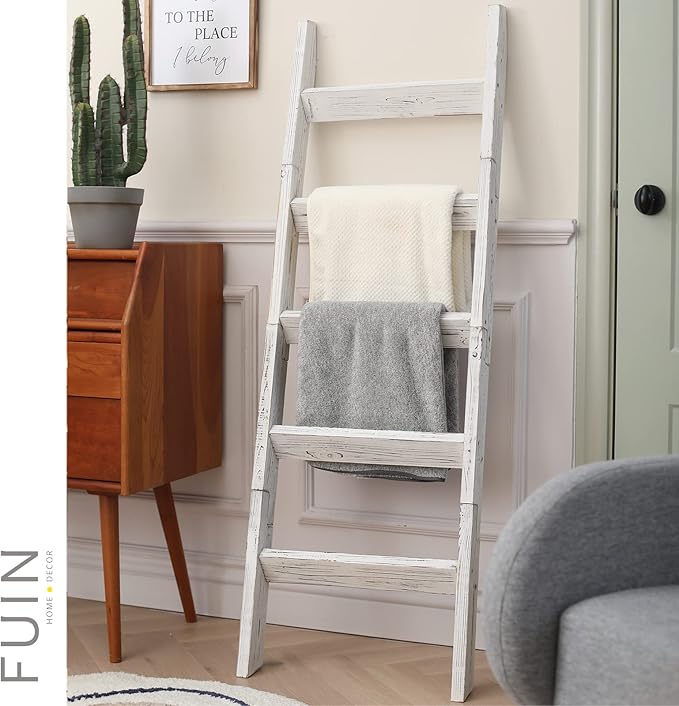 FUIN 5ft Wood Blanket Ladder Living Room Decorative Wall Leaning Farmhouse Quilt Display Holder Storage Wooden Towel Rack for Bathroom, Rustic White
