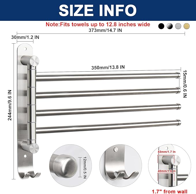 NearMoon Swivel Towel Rack, 13.8" Thicken 304 Stainless Steel 4-Arm Towel Bar, Space Saving Wall Mounted Towel Holder with Hook, Rustproof Swing Out Towel Hanger for Bathroom, Kitchen (Brushed Nickel)