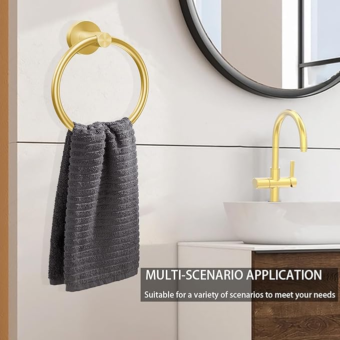 WOOPHEN Hand Towel Ring, Thicken Stainless Steel Bath Towel Holder Modern Round Towel Hanger Wall Mounted for Bathroom, Kitchen (Gold)