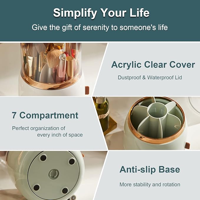 Makeup Brush Holder Organizer with Lid, Rotating Dustproof Make Up Brushes Organizer with Clear Acrylic Cover for Vanity Desktop Bathroom Countertop (Dark green)