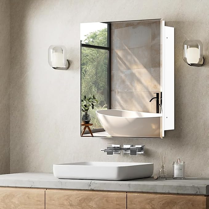 20"x20" Medicine Cabinet,HD Bathroom Mirror Cabinet with Beveled Mirror,Removeable Shelves, Recessed and Surface Mount,Frameless Bathroom Mirror with Storage