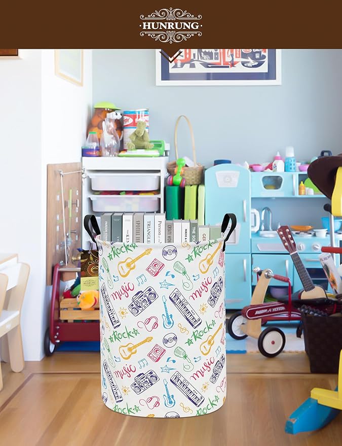 HUNRUNG Laundry Hamper,Large Canvas Fabric Lightweight Storage Basket Toy Organizer Dirty Clothes Collapsible Waterproof for College Dorms???Round-Musical instrument???
