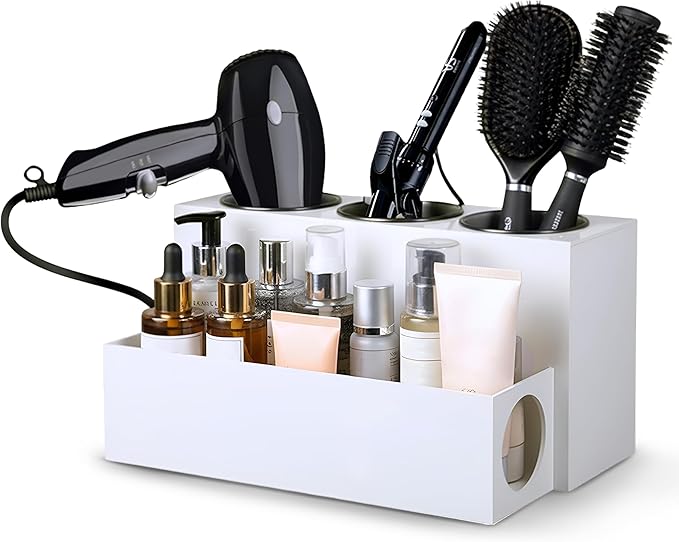 Hair Tool Organizer for Bathroom Vanity – Blow Dryer Holder with Stainless Cups for Hair Dryer, Curling Iron & Straightener, Countertop Hot Tools Holder and Hair Tool Storage (WHITE)