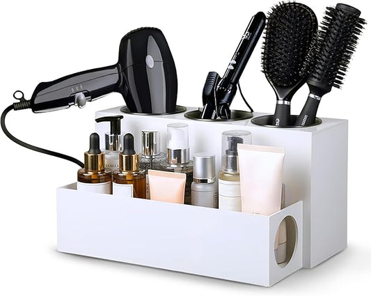 Hair Tool Organizer for Bathroom Vanity – Blow Dryer Holder with Stainless Cups for Hair Dryer, Curling Iron & Straightener, Countertop Hot Tools Holder and Hair Tool Storage (WHITE)