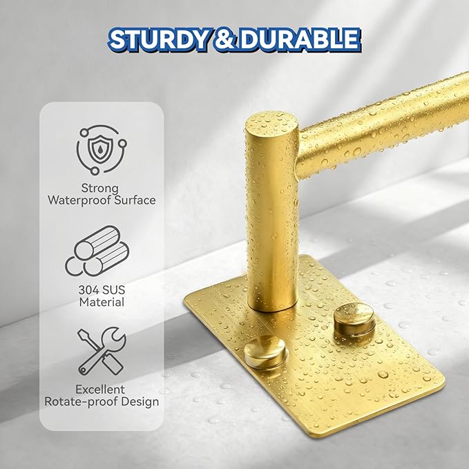 Adhesive Adjustable Towel Bar, HOMOTEK Economical Self Stick Bathroom Towel Holders, Towel Rod Size from 12 Inch to 22 Inch Single Rack Hanger for Kitchen(1 Pack Gold)