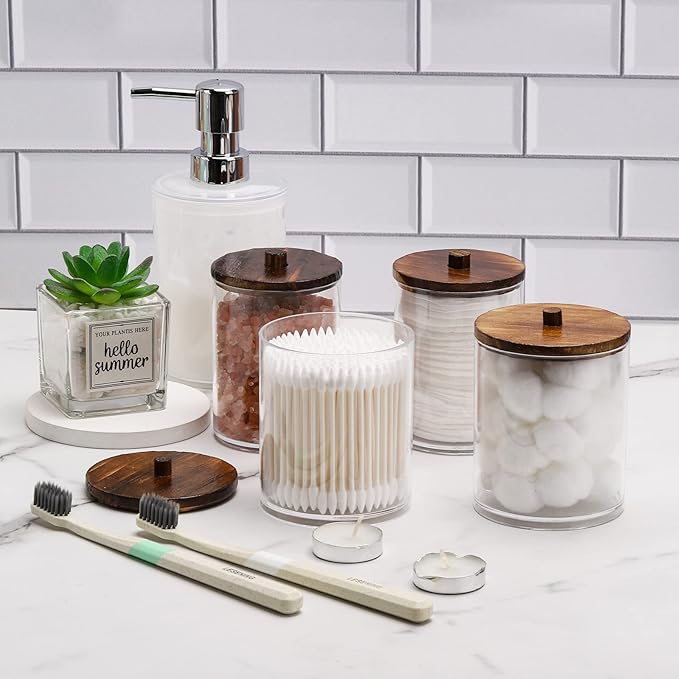 Tbestmax 4 Pack Qtip Holder Dispenser Cotton Ball, Cotton Swab, Floss - 12oz, 10 oz Clear Plastic Apothecary Jars for Bathroom Organizer and Storage Containers (Brown Wood Lids)