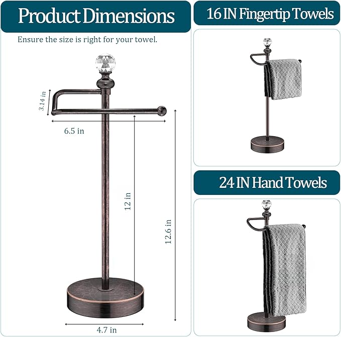 ROLABAM Bathroom Hand Towel Holder with Crystal Ball, Countertop Towel Holder Stand 15.7” H, Stainless Steel Classic Vintage Hand Towel Rack Stand with Heavy Weighted Base (Oil Rubbed Bronze, 2 Pack)