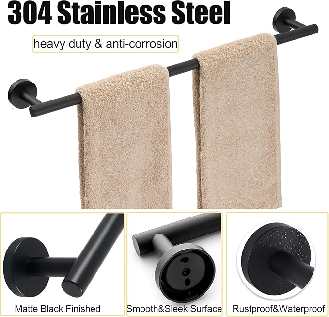 Bath Towel Bar, 20 Inch Towel Racks for Bathroom Wall Mounted, Heavy Duty Bathroom Towel Holder Organizer, Stainless Steel Modern Home Decor Towel Rod, Matte Black