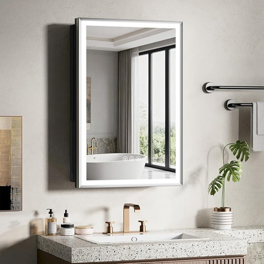 16X24 Inches Framed Medicine Cabinet with Lights, Bathroom Medicine Cabinet with 3-Color/Dimmable, Anti-Fog, Plug-in & Hardwired, Surface Mount & Recessed