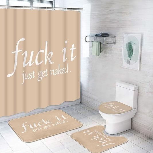ArtSocket 4PC Funny Get Naked Beige Modern Shower Curtain Sets Bathroom Decor with Rugs, Non-Slip Rug,Toilet Lid Cover, Bath Mat and 12 Hooks 72x72 inches