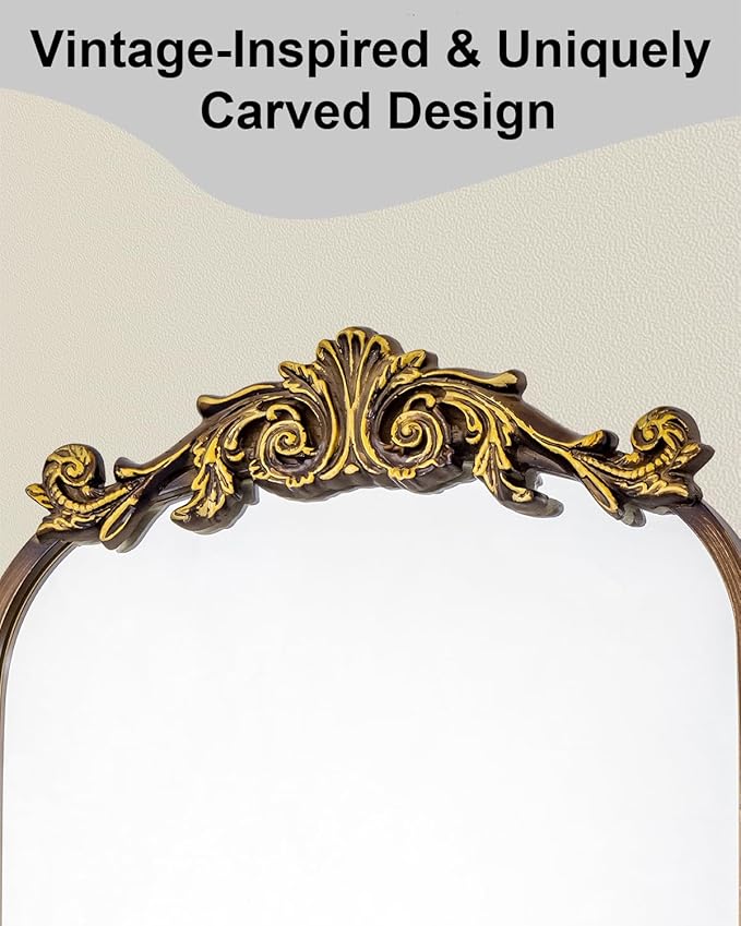 16x24 Inch Recessed or Surface Mount Medicine Cabinet Mirror with Vintage Bronze Carving & Hand-Painted Aluminum Frame, All-Metal Construction, 2 Shelves, Arched Mirror for Bathroom, Entryway, Hallway