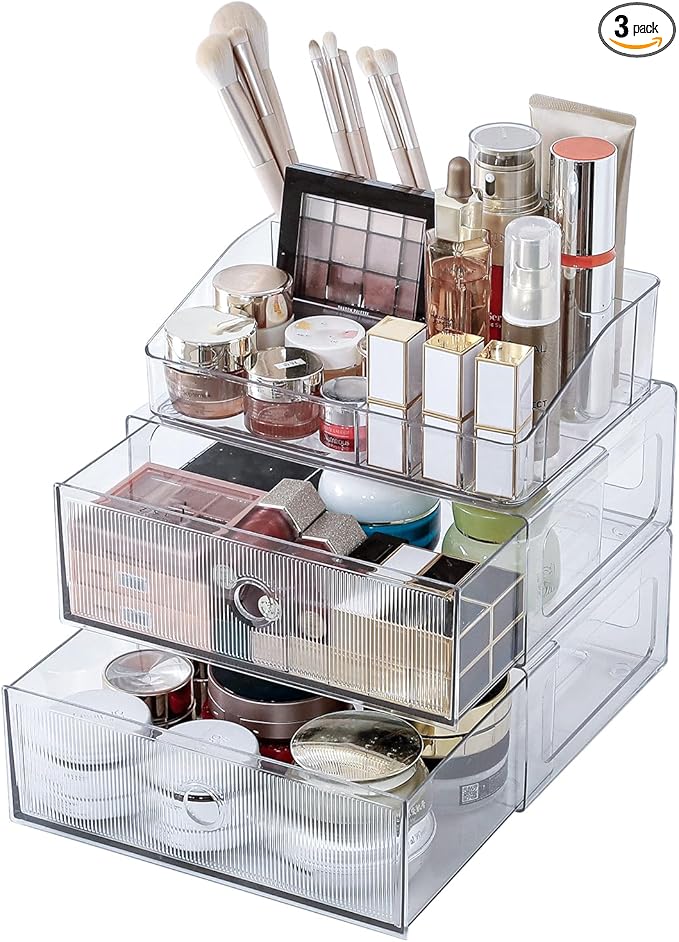 3-Tiers Makeup Organizer with Drawer, Stackable Skincare Storage Box for Vanity and Bathroom, Beauty Essentials, Cosmetic Brushes, Perfume Stand, Large Lipsticks Holder