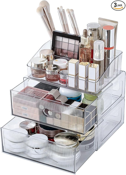 3-Tiers Makeup Organizer with Drawer, Stackable Skincare Storage Box for Vanity and Bathroom, Beauty Essentials, Cosmetic Brushes, Perfume Stand, Large Lipsticks Holder