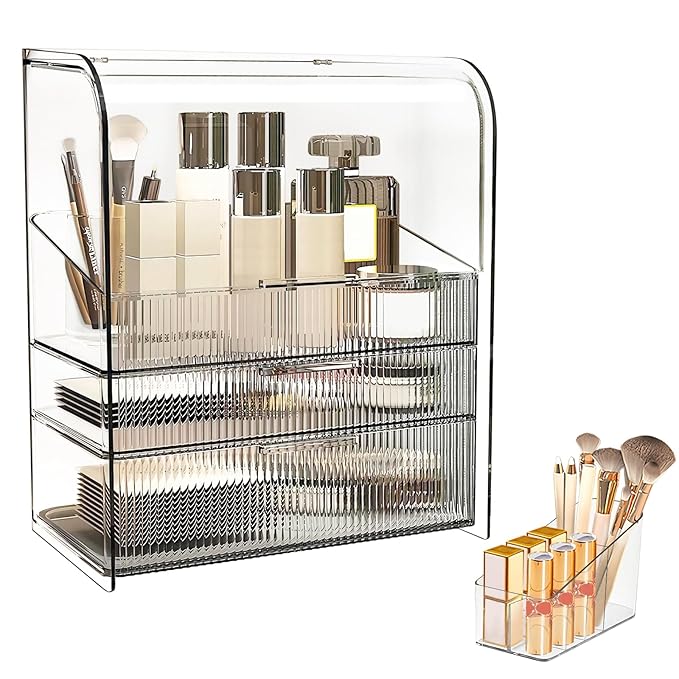 DASITON Clear Cover Dustproof Three layers Storage Box,Makeup Brush Holder,Large Capacity Desktop Storage Box with Drawer,for Beauty Products,Perfume,Jewelry,Nail Polish