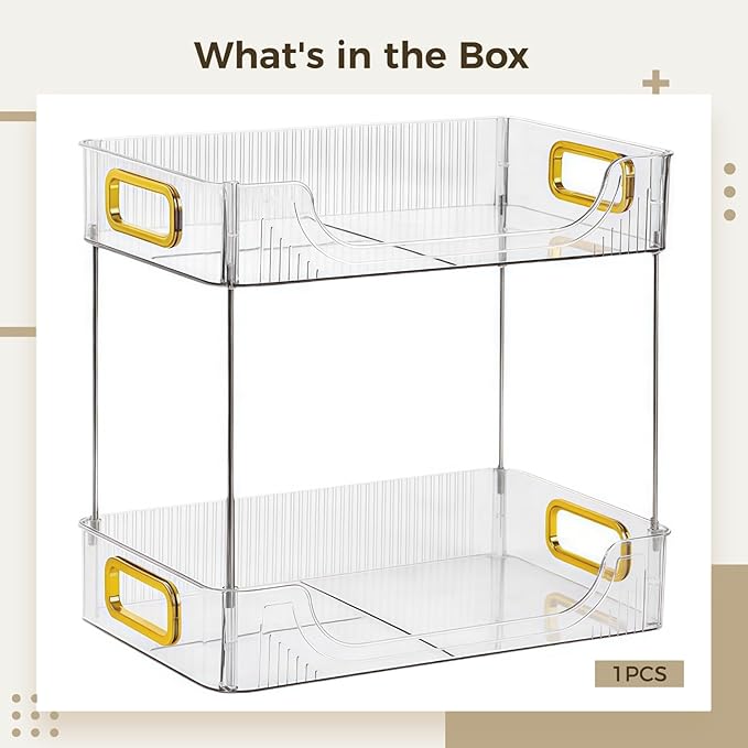 Double Layer Bathroom Shelf Organizer with Clear Plastic Tray, Removable Storage Rack, Gold Handles for Skincare and Toiletries