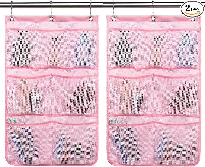 GYEUKHAM Hanging Mesh Shower Caddy for Bathroom - Quick Drying Portable Shower Organizer with Multiple Pockets for Soap,Shampoo and Cruise Ship Essentials Saving Bathroom Storage,Pink,2 Pack