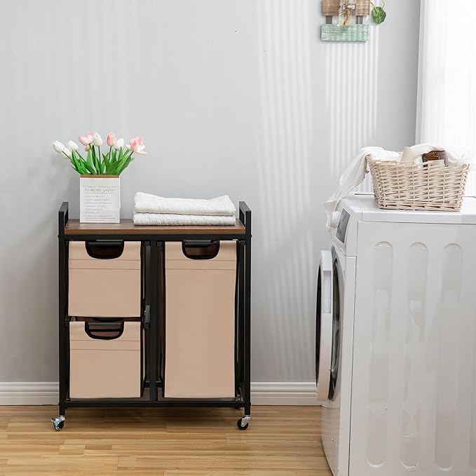 Suntage Laundry Basket Organizer - Hampers with 3 Compartments, Sliding Laundry Sorter Bags, Top Storage Shelf, Metal Frame