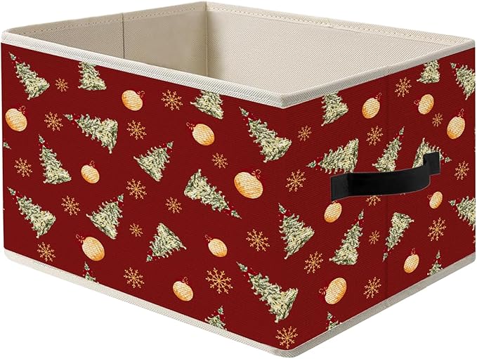 Christmas Tree Storage Bins, Red Christmas Bauble Winter Snowflakes Holiday Foldable Closet Organizers Storage Basket Toybox for Clothes Bed Sheets Blankets Toys