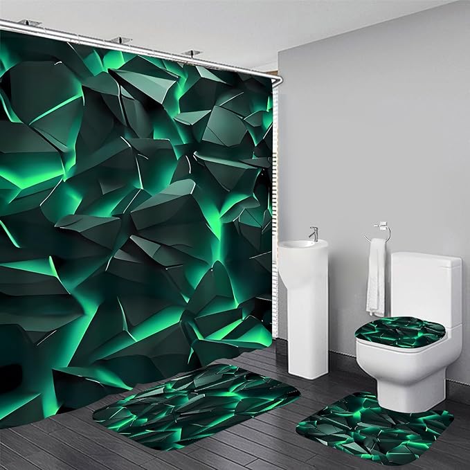 Yizheer 4Pcs Green Geometry Rock Modern Bathroom Shower Curtain Set with 12 Rustproof Hooks Bath Mat Toilet Cover U Shaped Mat- PEVA Material, 72x72 Inches, Bathroom Curtain for Bathtub (Green)